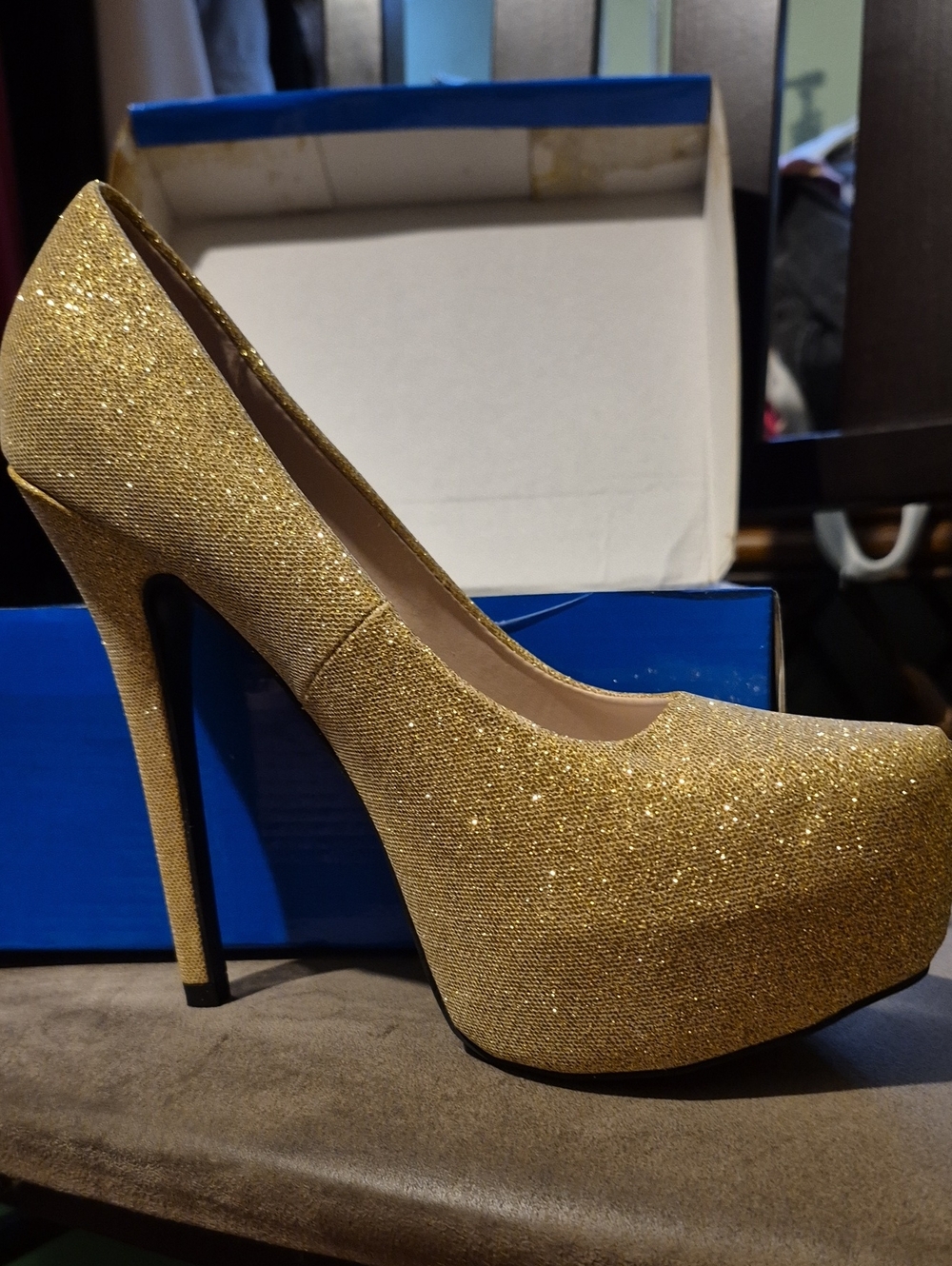 De Blossom Collection Gold Glitter Platform Stiletto Pumps